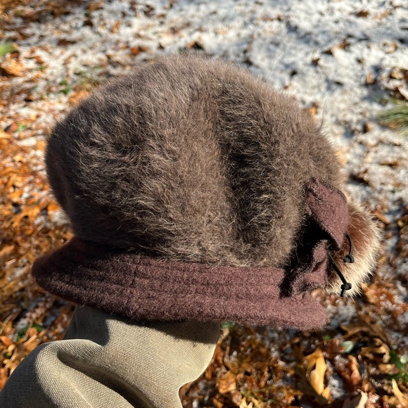 Y2K Angora Rabbit Fur Knit Hat + Genuine Fur Accent Brown - Picture 12 of 16